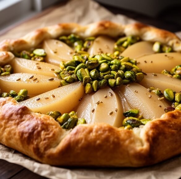 Brown Butter Cardamom Pear Galette with Candied Pistachio Streusel