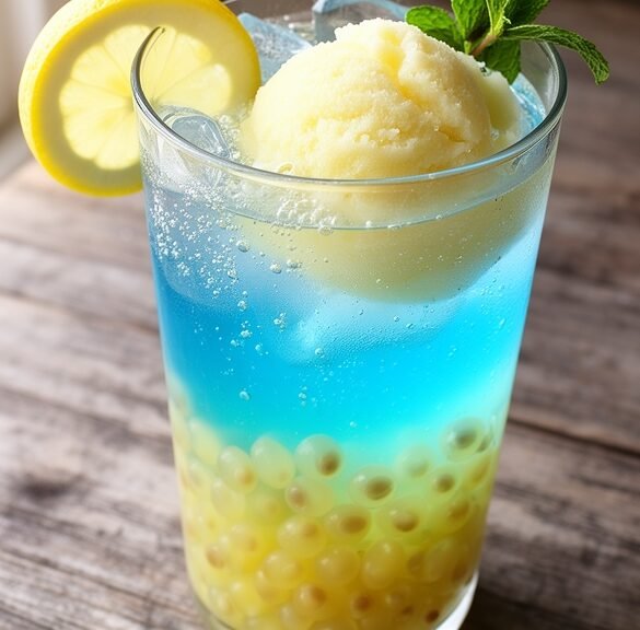 Butterfly Pea Lemon Sherbet Sparkler with Vanilla Bean Pearls