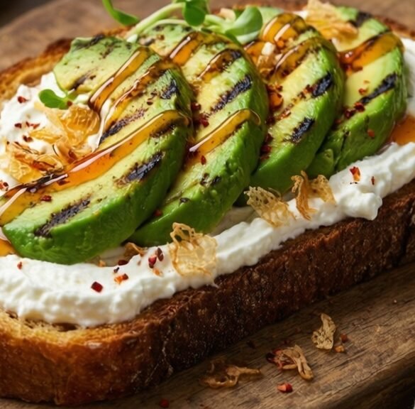 Charred Avocado & Whipped Feta Toast with Chili-Honey Drizzle & Crispy Shallots