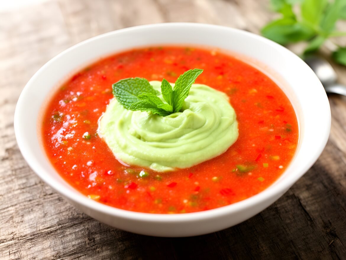 Chilled Spicy Tomato-Cucumber Gazpacho with Avocado Mint Cream