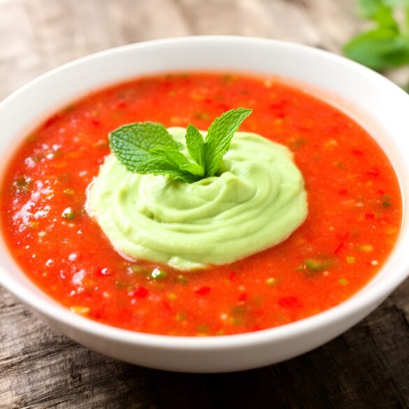 Chilled Spicy Tomato-Cucumber Gazpacho with Avocado Mint Cream