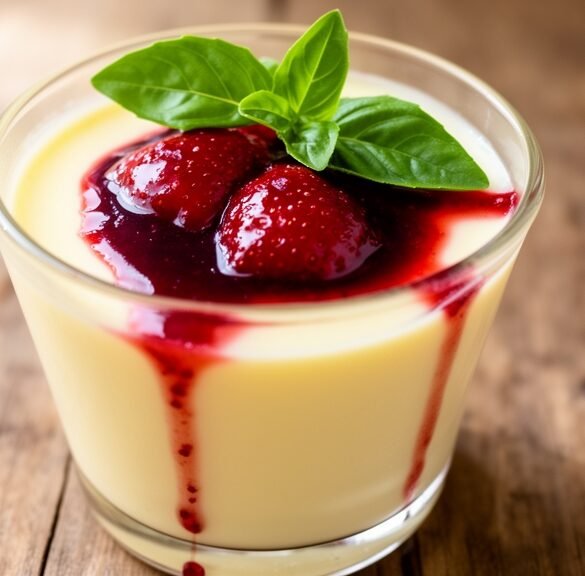 Citrusy Lemon-Basil Panna Cotta with Strawberry Balsamic Reduction