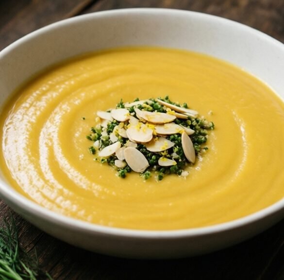 Comforting Turmeric Cauliflower Bisque with Almond & Chive Gremolata