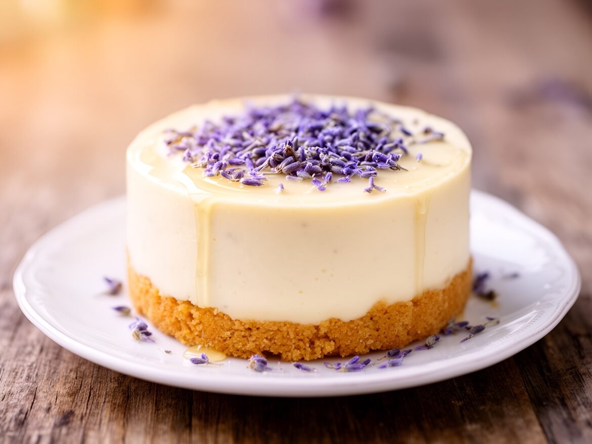 Creamy Lavender Honey Cheesecake with Crunchy Biscotti Crust