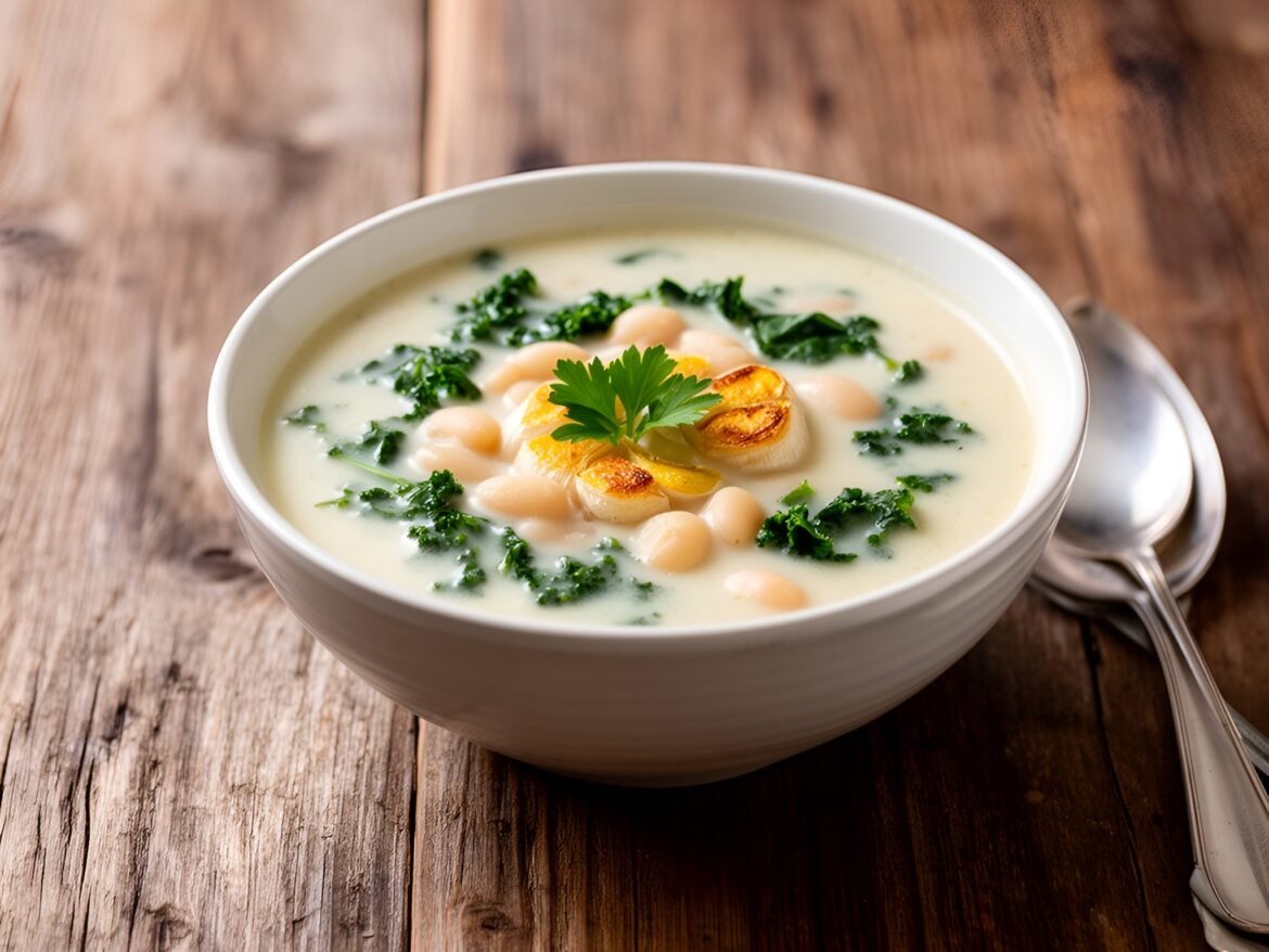 Creamy Roasted Garlic & White Bean Kale Soup
