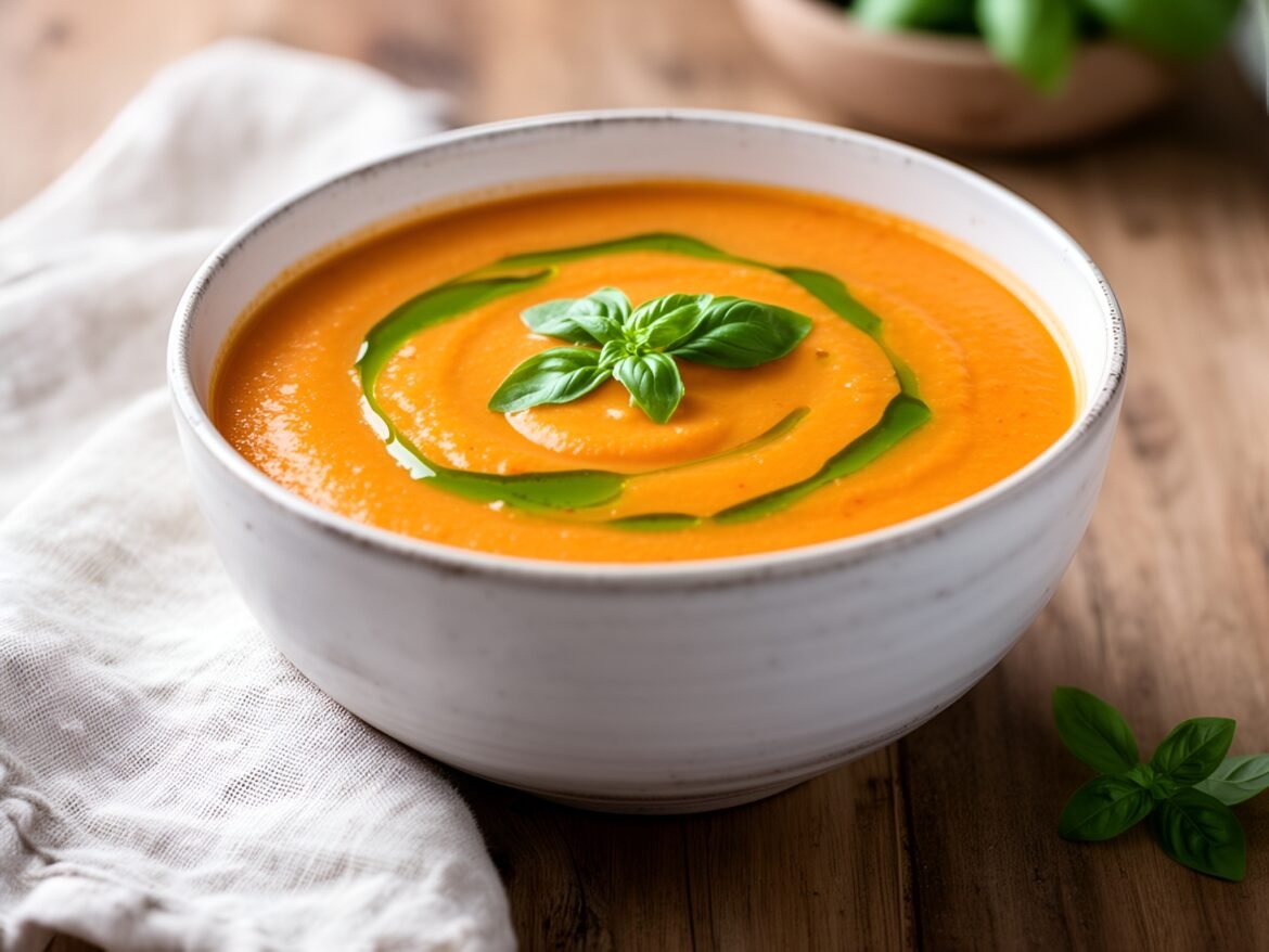 Creamy Roasted Red Pepper & Fennel Chowder with a Drizzle of Basil Oil
