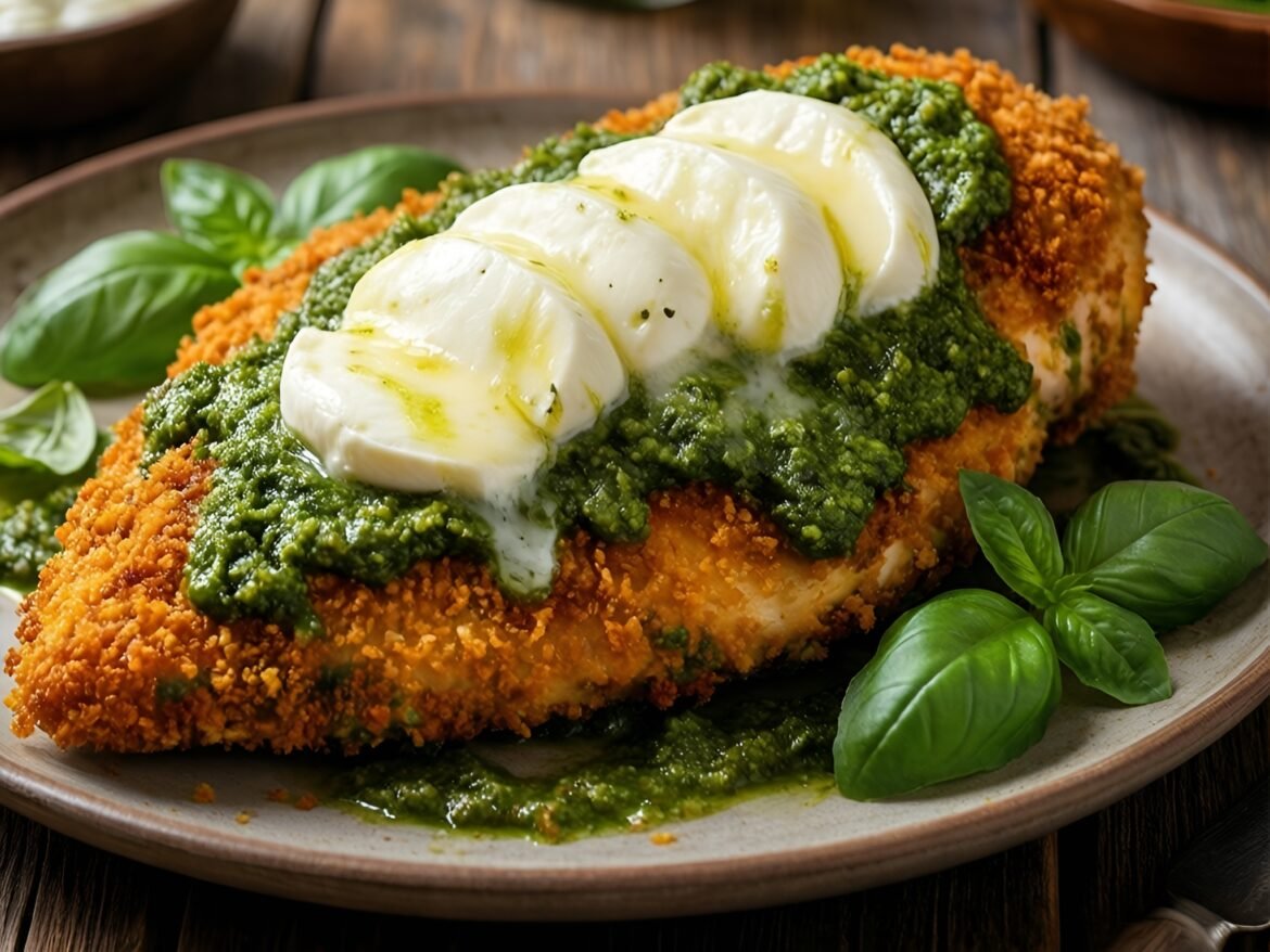 Crispy Baked Pesto Chicken Parmesan with Fresh Mozzarella