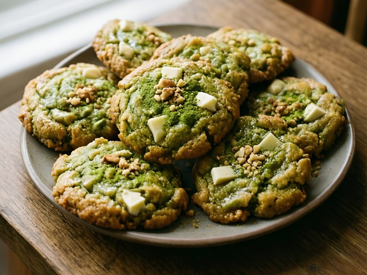 Crispy Buttery Matcha White Chocolate Cookies with a Crunch