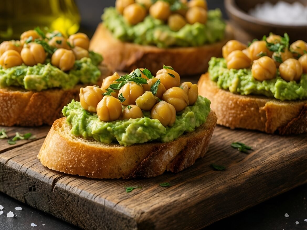 Crispy Chickpea & Avocado Smash on Garlic-Roasted Crostini