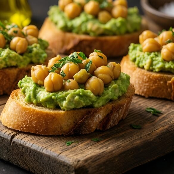 Crispy Chickpea & Avocado Smash on Garlic-Roasted Crostini