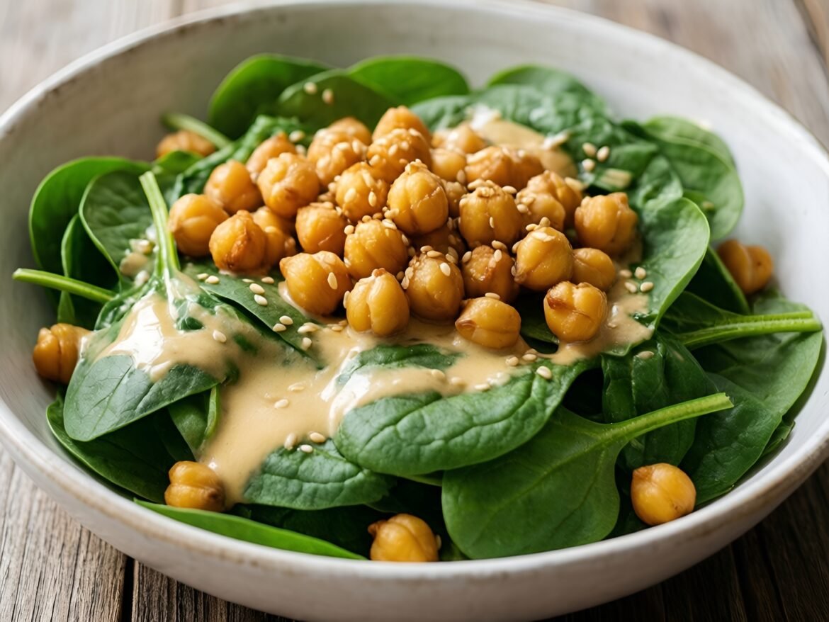 Crispy Chickpea & Spinach Salad with Tahini-Lemon Drizzle