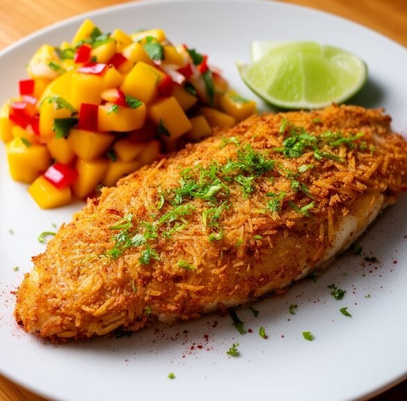 Crispy Chili-Lime Plantain-Crusted Tilapia with Mango-Habanero Salsa