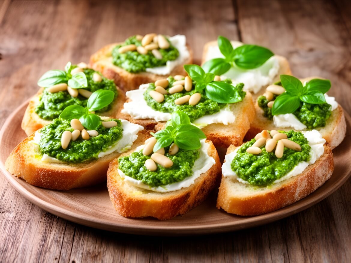 Crispy Crostini with Savory Basil Pesto and Goat Cheese