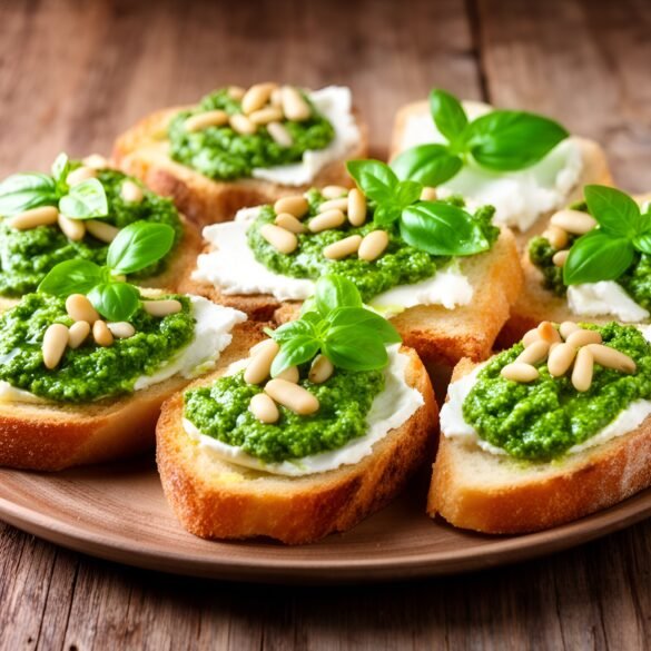 Crispy Crostini with Savory Basil Pesto and Goat Cheese