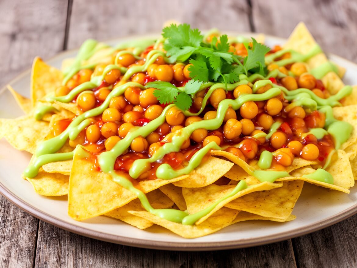 Crispy Sweet Chili Chickpea Nachos with Avocado Crema