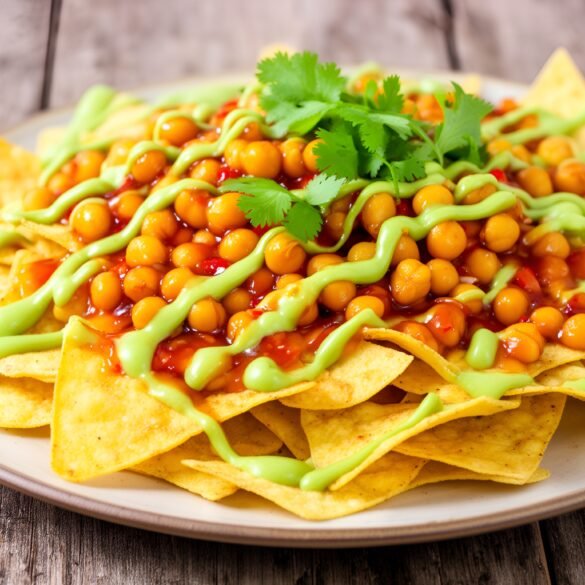 Crispy Sweet Chili Chickpea Nachos with Avocado Crema