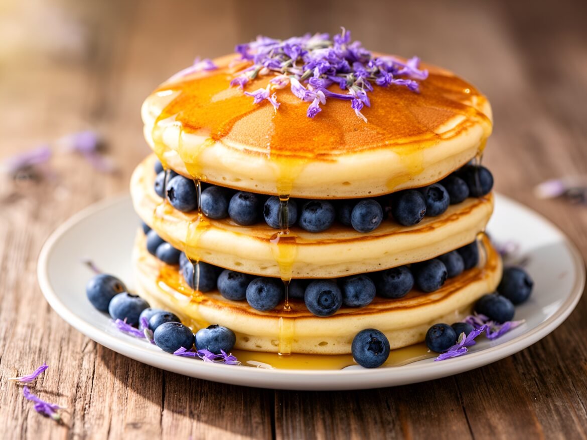 Fluffy Blueberry-Lavender Pancakes with Honey Maple Syrup