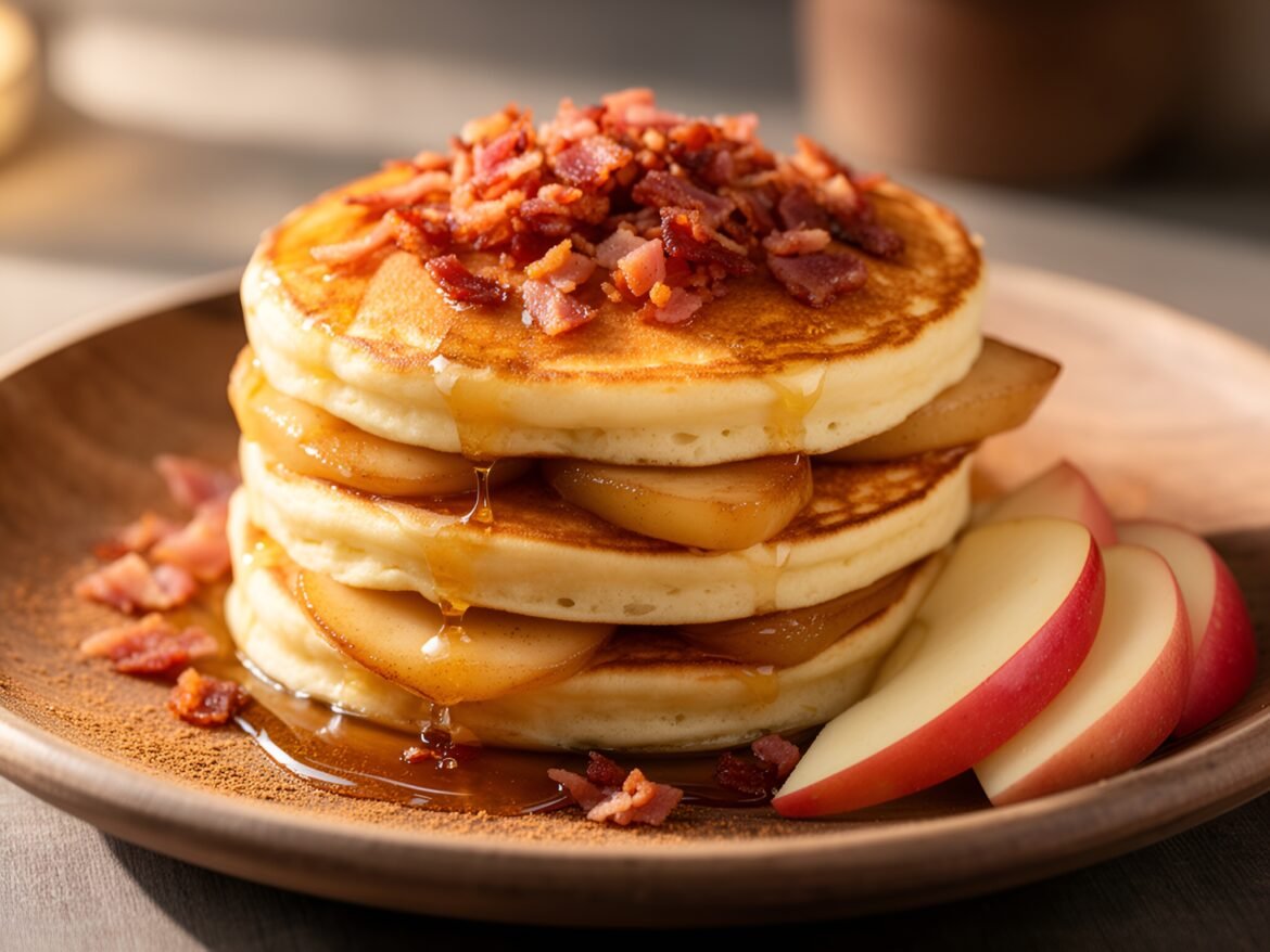 Fluffy Cinnamon Maple Apple Pancake Stacks with Crispy Bacon Dust