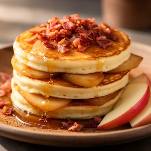 Fluffy Cinnamon Maple Apple Pancake Stacks with Crispy Bacon Dust