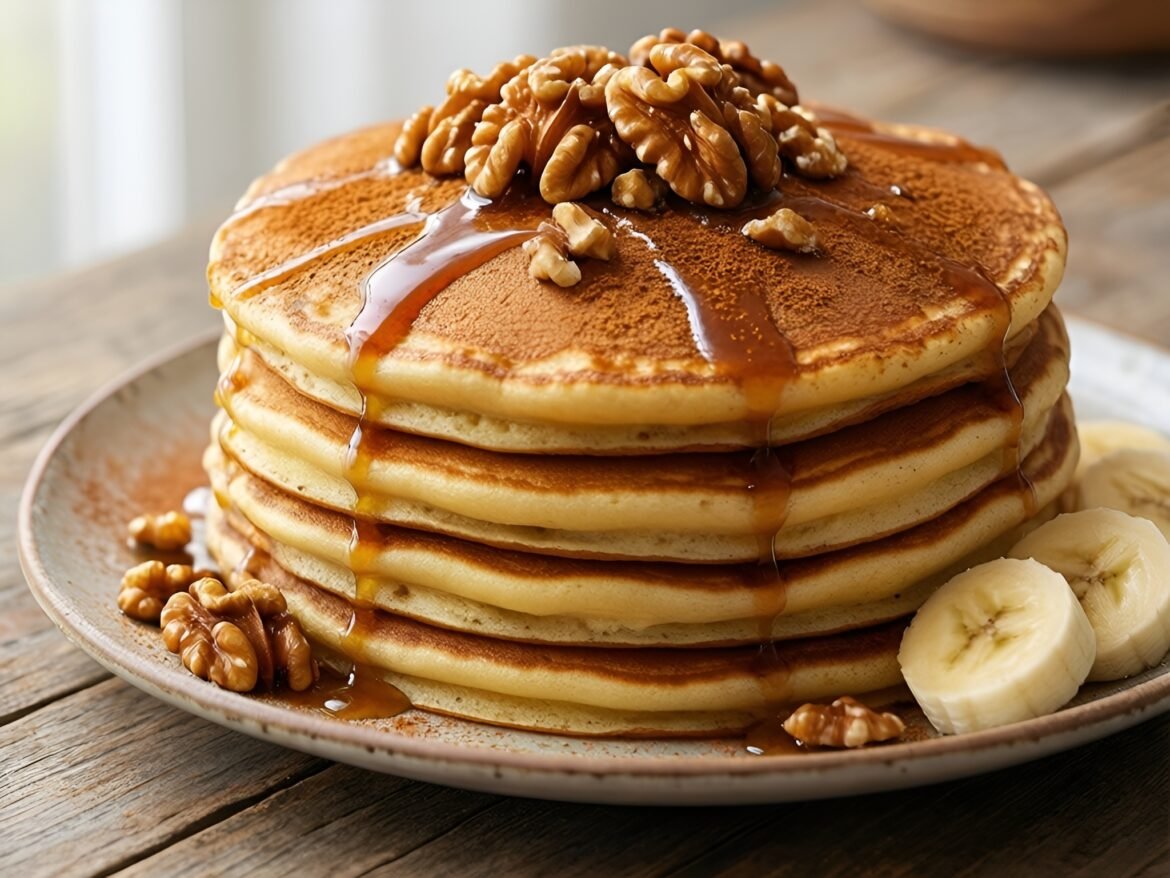 Fluffy Cinnamon-Swirled Banana Oatmeal Pancakes with Toasted Walnut Maple Drizzle