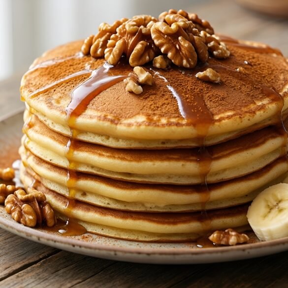 Fluffy Cinnamon-Swirled Banana Oatmeal Pancakes with Toasted Walnut Maple Drizzle