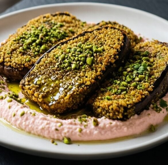 Golden Millet-Crusted Eggplant Steaks with Harissa Labneh & Pistachio Dukkah