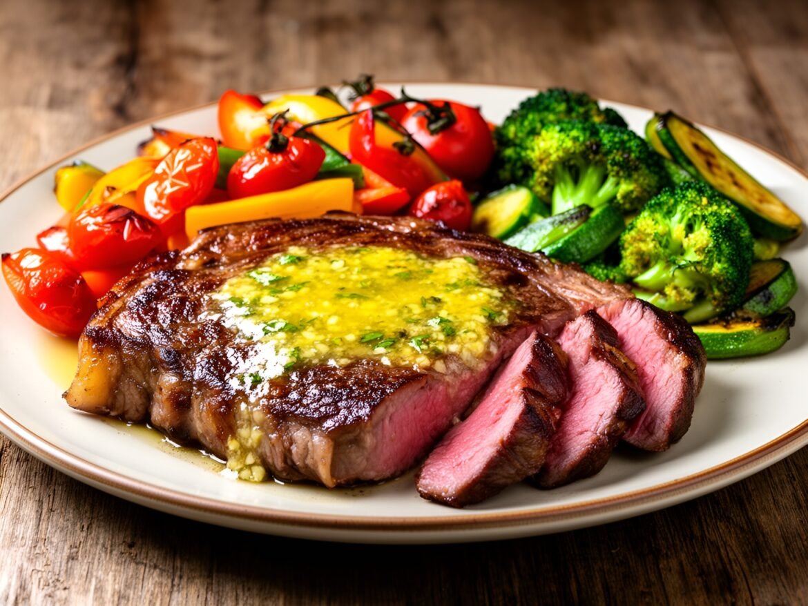 Herb-Infused Garlic Butter Steak with Roasted Rainbow Veggies