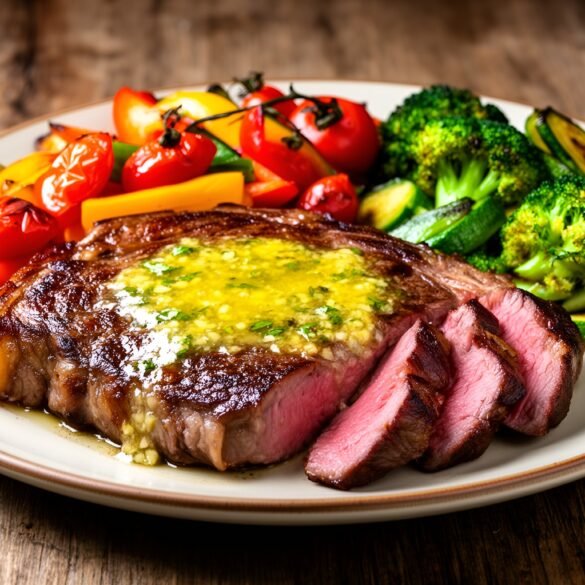 Herb-Infused Garlic Butter Steak with Roasted Rainbow Veggies
