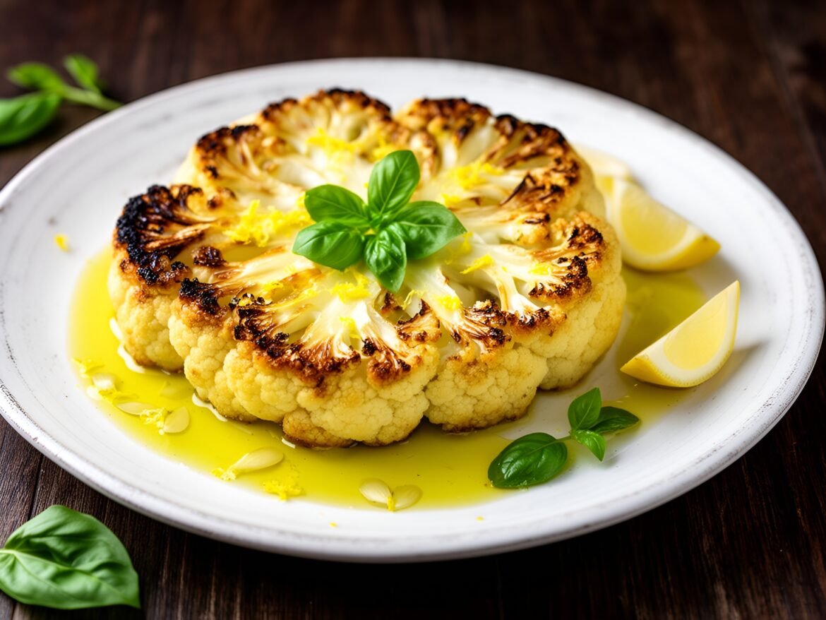 Lemon-Basil Roasted Cauliflower Steaks with Garlic Infusion