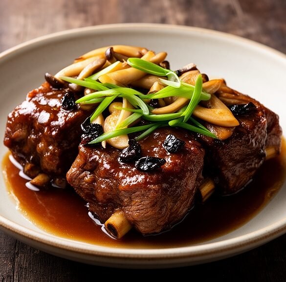 Meltingly Tender Black Garlic & Soy-Braised Short Ribs with Shiitake-Scallion Jus