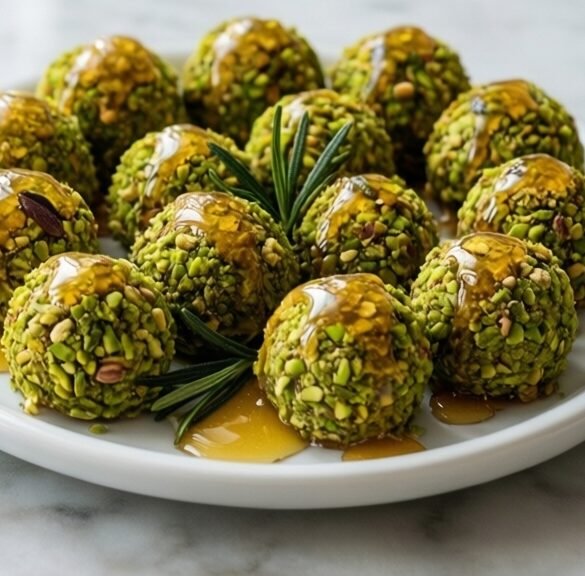 Mini Pistachio-Crusted Goat Cheese Truffles with Honey & Rosemary Drizzle