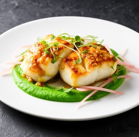 Miso Brown Butter Halibut with Vibrant Wasabi Pea Purée & Quick-Pickled Daikon