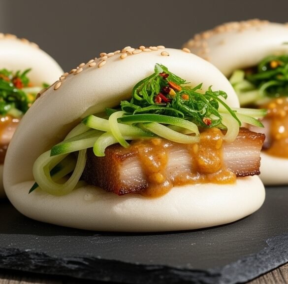 Miso-Mustard Glazed Pork Belly Bao with Pickled Cucumber Ribbons & Shiso Chimichurri