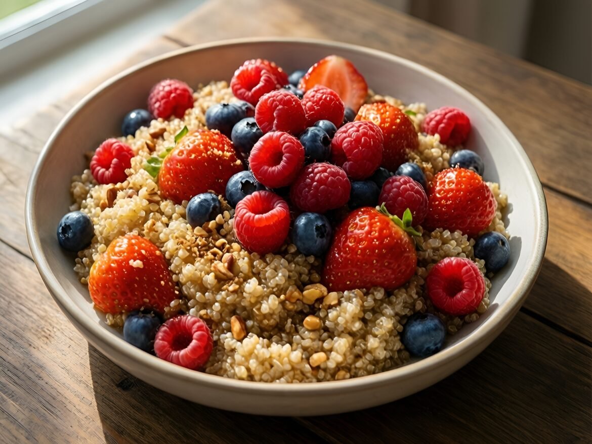 Nutty Cinnamon-Maple Quinoa Breakfast Bowls with Fresh Berries