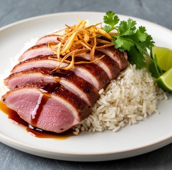 Pan-Seared Duck Breast with Tangy Tamarind Glaze, Coconut-Lemongrass Pilaf & Crispy Shallots