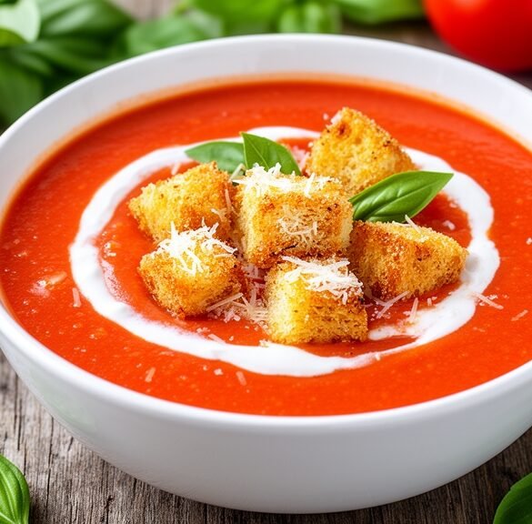 Rich and Creamy Tuscan Tomato Basil Soup with Garlic Parmesan Croutons