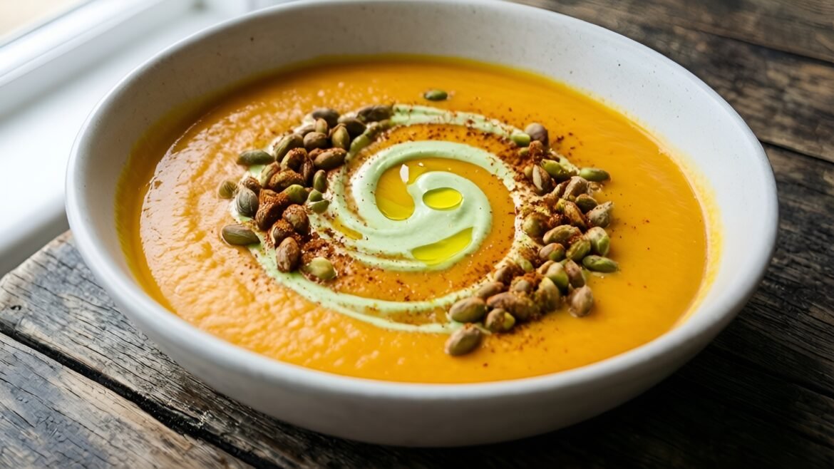 Roasted Chipotle Pumpkin & Sweet Potato Soup with Lime Crema & Pepita Crunch