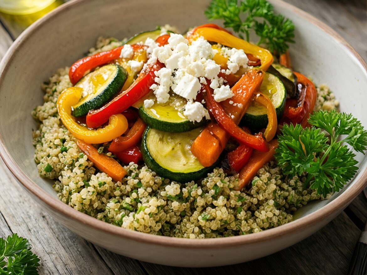 Savory Herb-Infused Quinoa Breakfast Bowls with Feta and Roasted Veggies