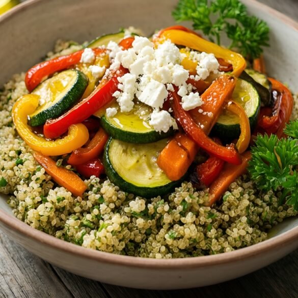 Savory Herb-Infused Quinoa Breakfast Bowls with Feta and Roasted Veggies