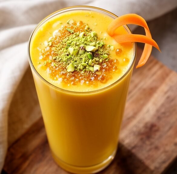 Silky Golden Carrot & Turmeric Lassi with Honeyed Pistachio Dust