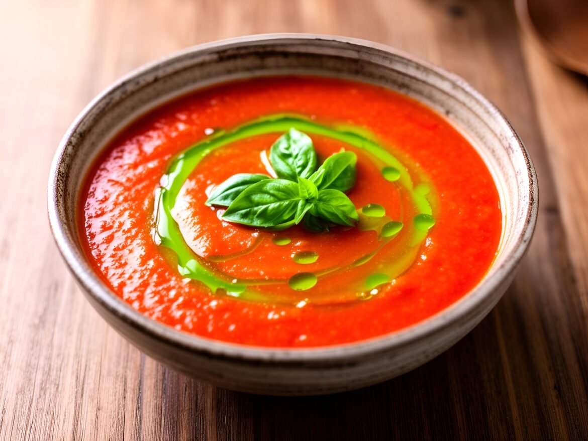 Smoky Roasted Bell Pepper & Tomato Soup with Basil Oil Drizzle