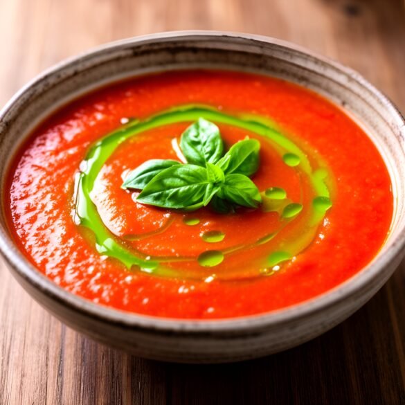 Smoky Roasted Bell Pepper & Tomato Soup with Basil Oil Drizzle