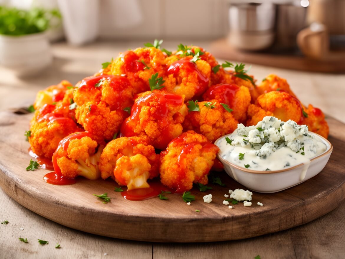 Spicy Crispy Cauliflower Bites with Creamy Blue Cheese Drizzle