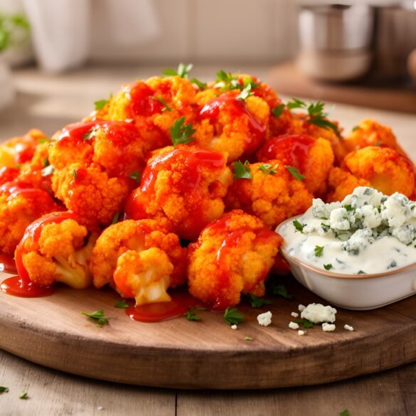 Spicy Crispy Cauliflower Bites with Creamy Blue Cheese Drizzle