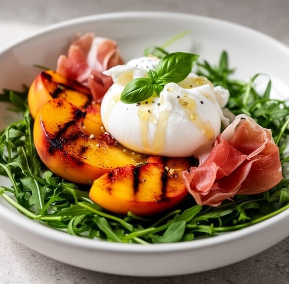 Summer Charred Peach & Burrata Salad with Prosciutto Crisps and Rosemary-Honey Vinaigrette
