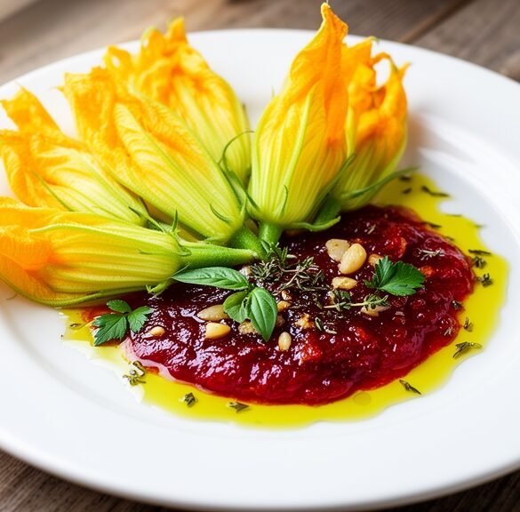 Summer Herb Ricotta-Stuffed Zucchini Blossoms with Luscious Tomato Confit