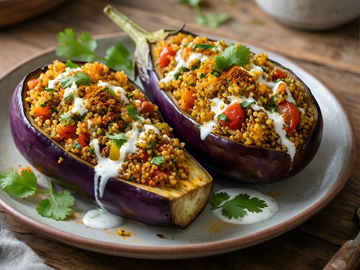 Tandoori-Spiced Quinoa Stuffed Eggplant with Yogurt Drizzle