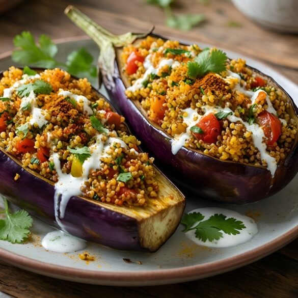 Tandoori-Spiced Quinoa Stuffed Eggplant with Yogurt Drizzle