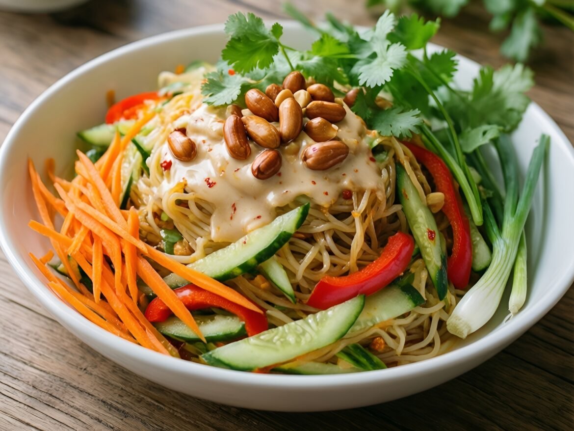 Tangy Spicy Thai Coconut Noodle Salad with Crunchy Peanuts