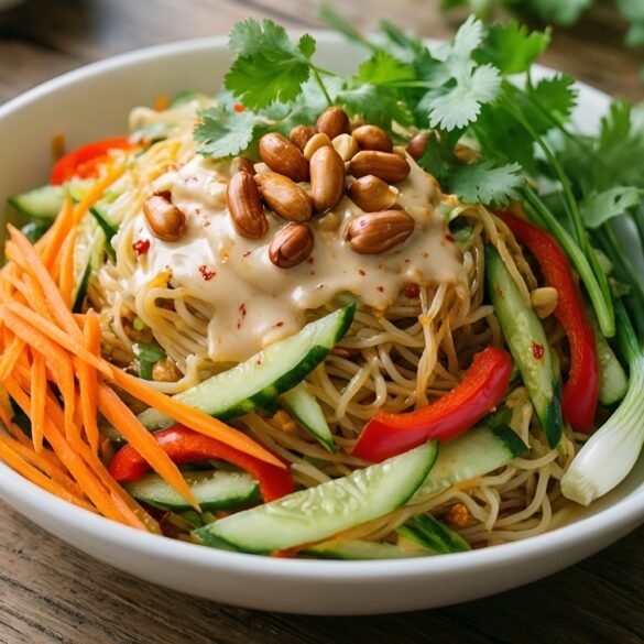 Tangy Spicy Thai Coconut Noodle Salad with Crunchy Peanuts